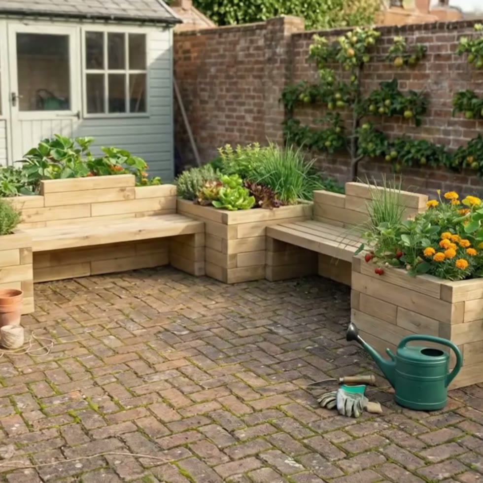Kinder Gartenbank - Sitzecke mit Hochbeeten / 300 x 300 x 65 cm