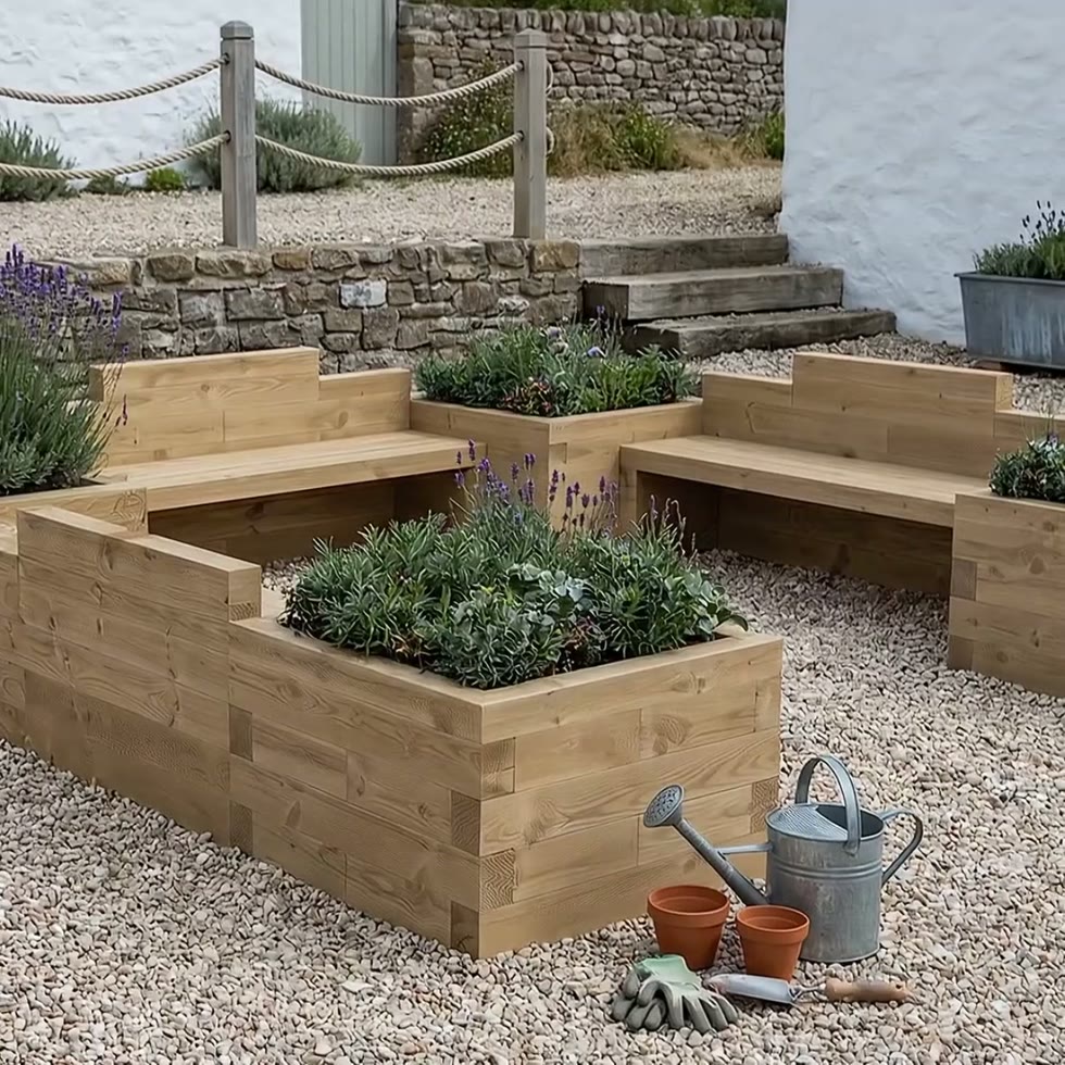 Kinder Gartenbank mit Hochbeeten - U-Form / 300 x 300 x 65 cm
