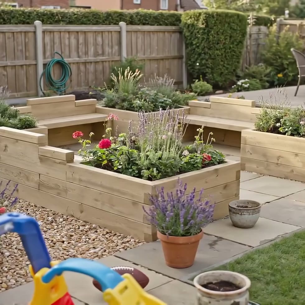 Kinder Gartenbank mit Hochbeeten - U-Form XL / 375 x 375 x 65 cm