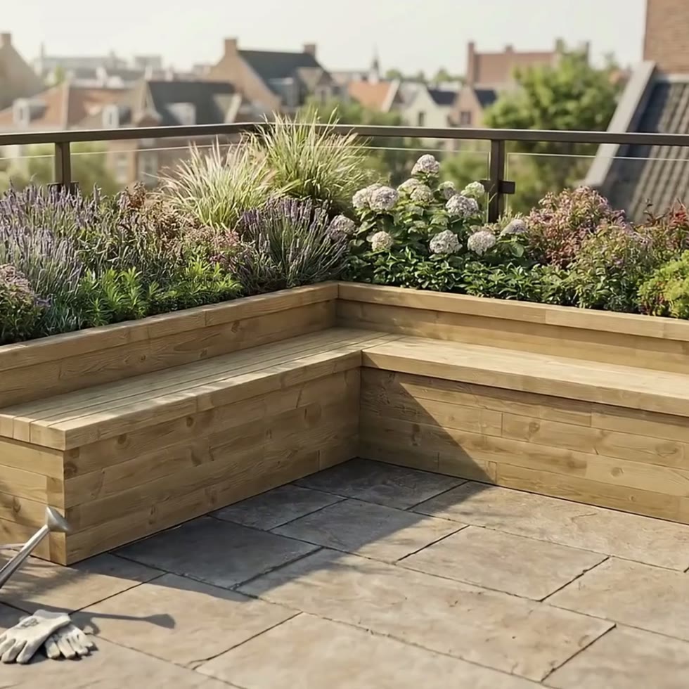 Gartenbank L-Form mit Hochbeet / 3.75 x 3.75 x 0.65m