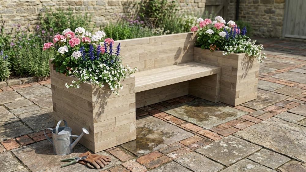 Sitzbank und Sitzgelegenheiten aus Holz, gebaut mit WoodBlocX-Komponenten