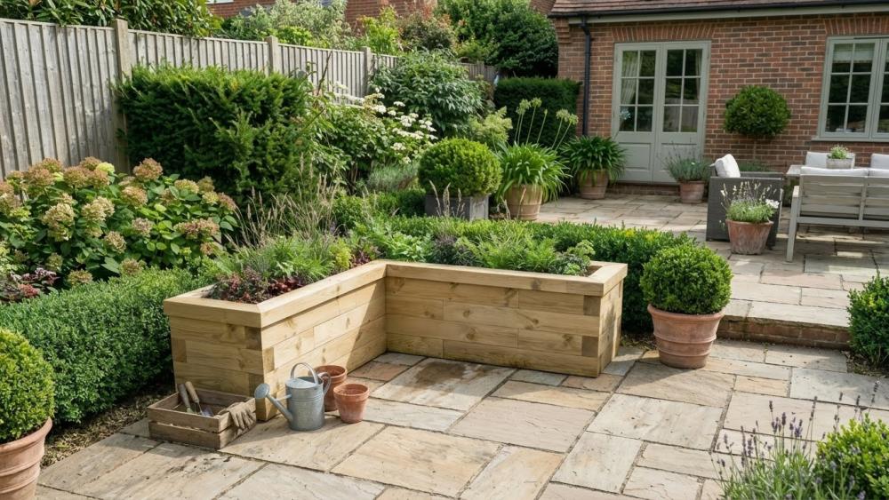 L-förmiges Eckhochbeet aus Holz, gebaut mit WoodBlocX-Komponenten