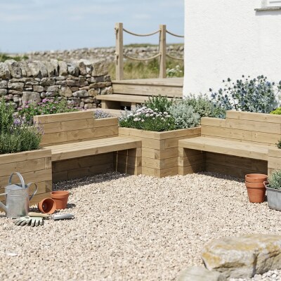 Kinder Gartenbank - Sitzecke mit Hochbeeten / 300 x 300 x 65 cm