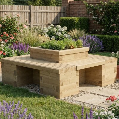 Gartenbank mit Hochbeet - Quadratisch / 150 x 150 x 45 cm
