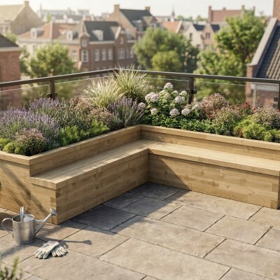Gartenbank L-Form mit Hochbeet / 3.75 x 3.75 x 0.65m