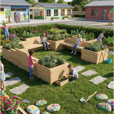 Kinder Gartenbank mit Hochbeeten - U-Form XL / 375 x 375 x 65 cm